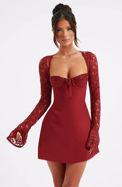 Veya - Satin Mini Dress with Lace Details – Elegant Day to Evening Transition-Dresses-Red-XS-Weston & Sage